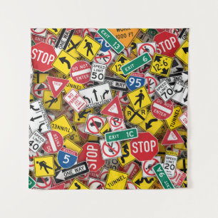Driving Instructor Fun Road Sign Collage Tapestry