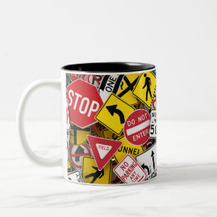 Driving Instructor Fun Road Sign Collage Two-Tone Coffee Mug