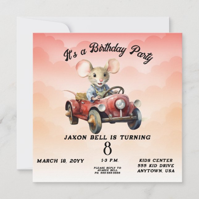 Driving Mouse Boy 8 Year Old Birthday Invitation (Front)