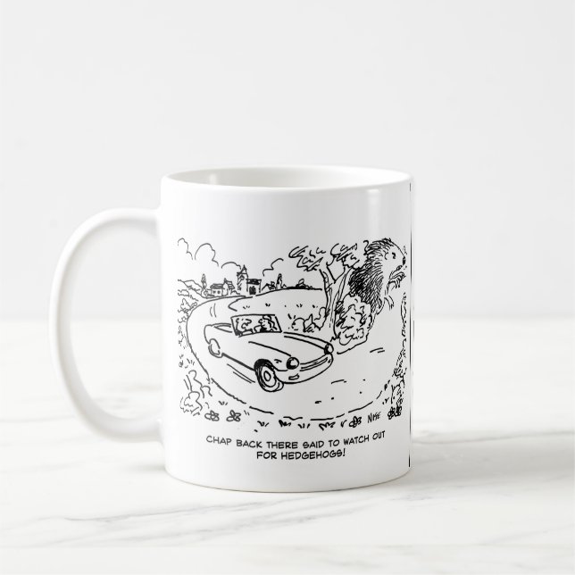 Driving Sports Car in Countryside with Hedgehog Coffee Mug (Left)