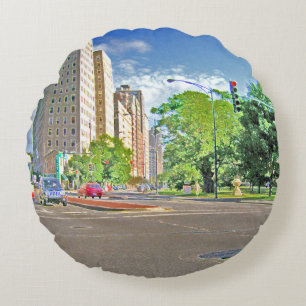 Driving Through Lincoln Avenue Round Pillow