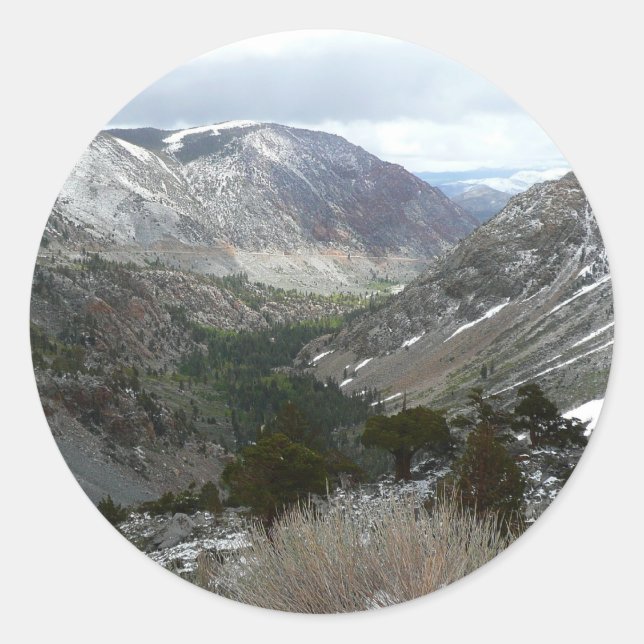 Driving Through the Snowy Sierra Nevada Mountains Classic Round Sticker (Front)