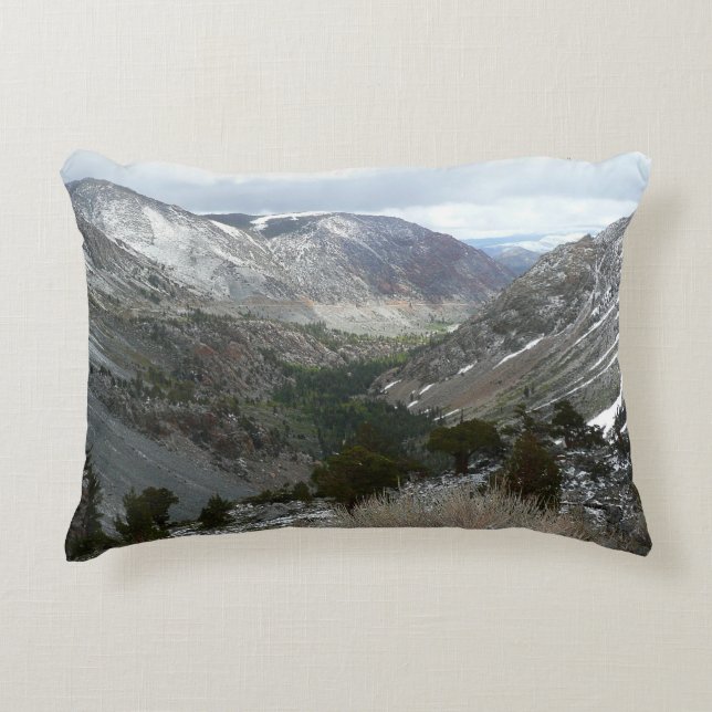 Driving Through the Snowy Sierra Nevada Mountains Decorative Pillow (Front)