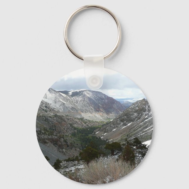 Driving Through the Snowy Sierra Nevada Mountains Keychain (Front)