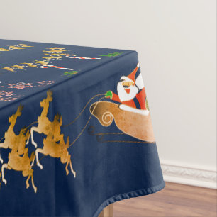 Drk Blue Christmas Santa's Reindeer Vintage Tablecloth