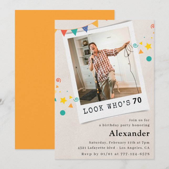 Drôle 70e anniversaire invitations Hommes Fun Phot (Devant / Derrière)