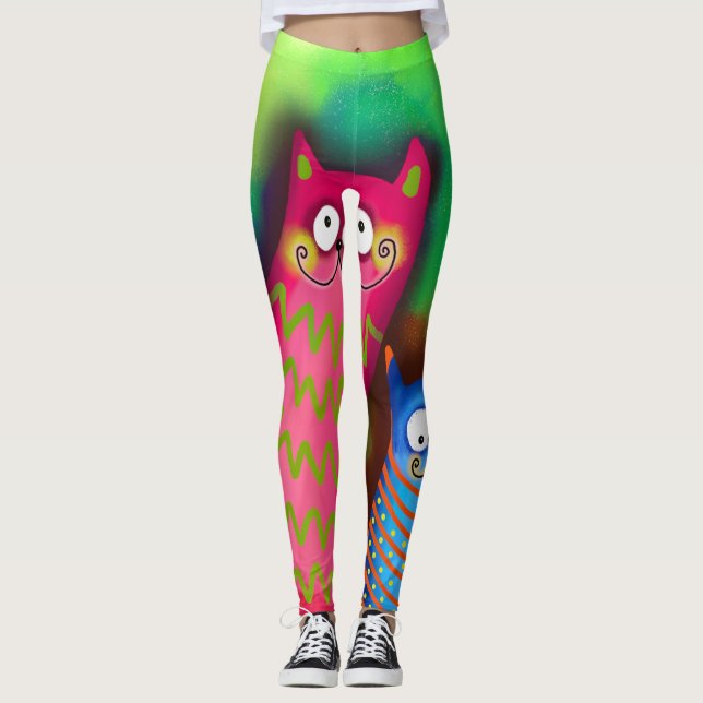 Drôle Artsy Colorful Amoureux des chats Leggings (Devant)