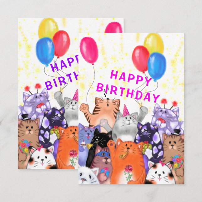 Drôle carte d'anniversaire Happy Cat Party (Devant / Derrière)