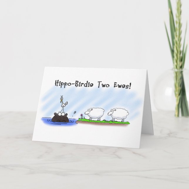 Drôle carte d'anniversaire. Hippo Birdie Deux Oeuv (Devant)