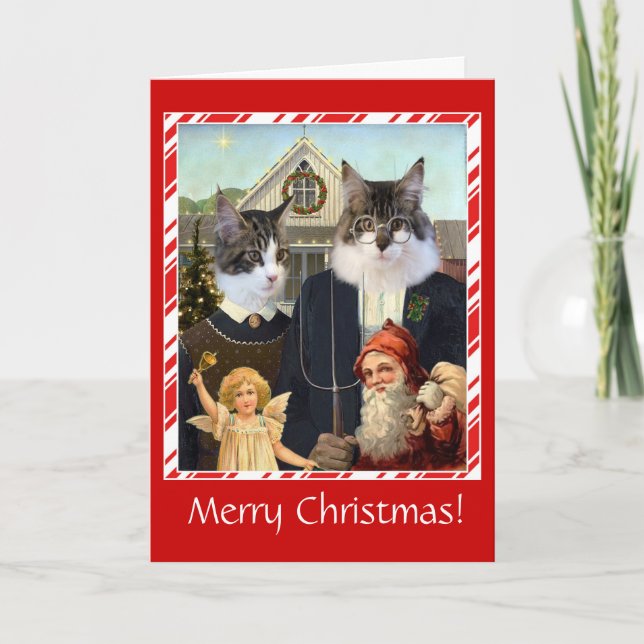 Drôle chat carte de Noël American gothique parodie (Devant)