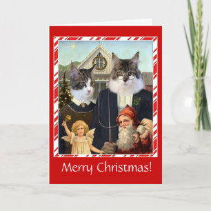 Drôle chat carte de Noël American gothique parodie