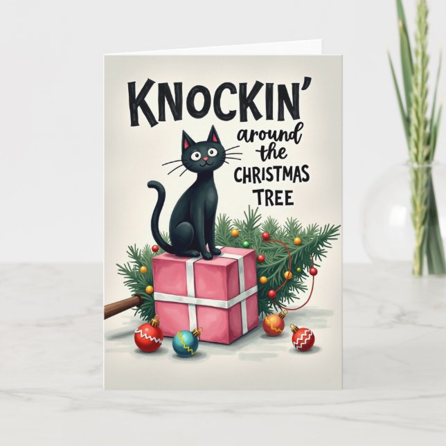 Drôle Chat Carte de Noël Knockin autour de l'arbre (Devant)