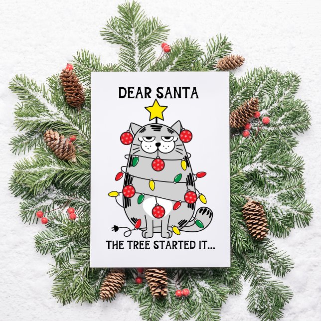 Drôle Chat de Noël Carte postale Arbre de chat (Dear Santa the tree started it, funny Christmas cat card)