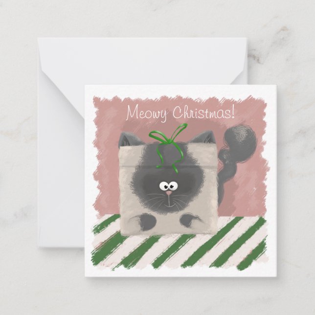 Drôle, chat mignon, carte de Noël peinte à la main (Devant)