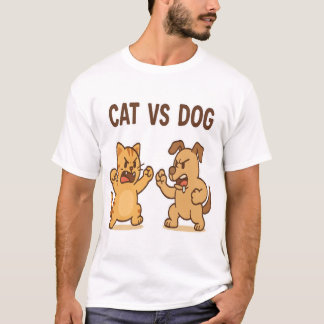 Drôle Chat vs Chien Cartoon Combat T-Shirt Mette A