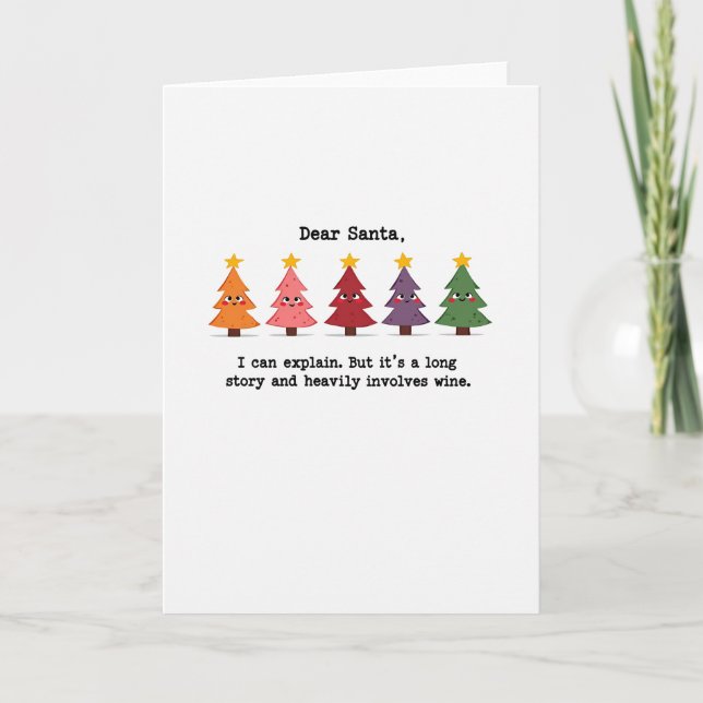 Drôle Cher Père Noël Carte de Vin Colorée Arbres C (Devant)