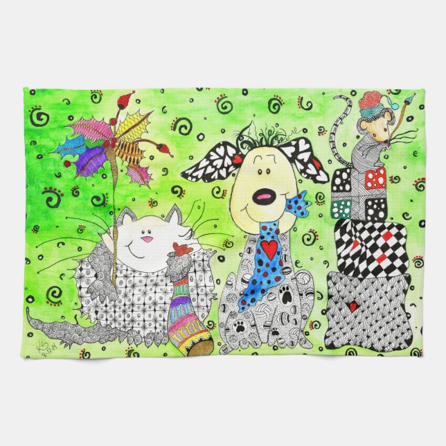 Drôle chien de Noël, chat et souris serviette de c (Horizontal)