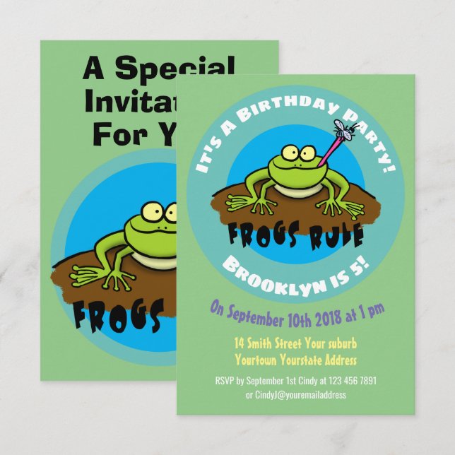 Drôle dessin de grenouille invitation anniversaire (Devant / Derrière)