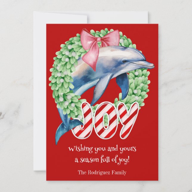 Drôle Dolphin Wreath Joie Noël Carte de vacances (Devant)