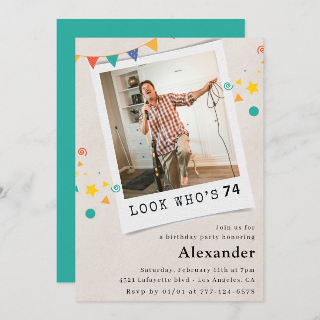 Drôle Hommes 74e anniversaire invitations Fun Phot (Devant / Derrière)