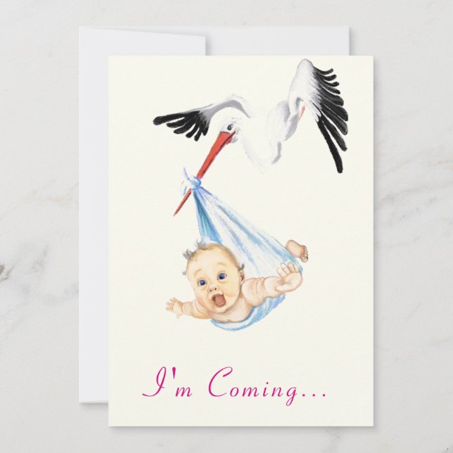 Drôle Invitation Baby shower de cigogne - Je viens (Dos)