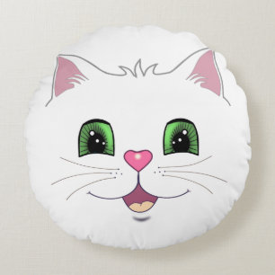 Drôle mignon visage de chat sur coussin rond blanc