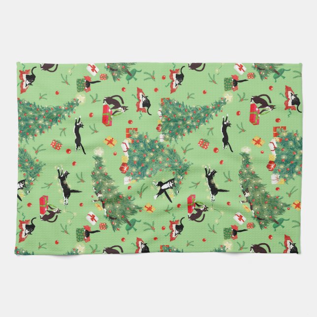 Drôle Noël Arbre Chat Serviette de cuisine (Horizontal)