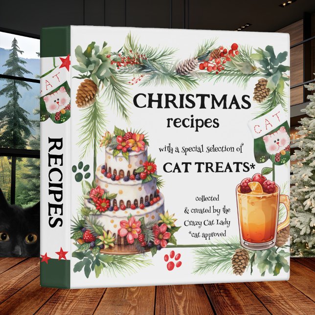 Drôle Noël Cat Traites Recette Classeur (Colorful watercolor art funny cat treats Christmas Holidays recipe binder - crazy cat lady gift)