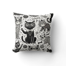 Drôle noir et blanc Motif de chat Coussin