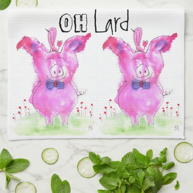 Drôle Oh Lard Rose Cochon Serviette de cuisine (Plié)