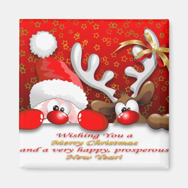 Drôle Père Noël et Reindeer Cartoon Magnet (Devant)