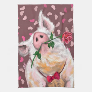 Drôle serviette de cuisine Gentleman Pig avec Rose
