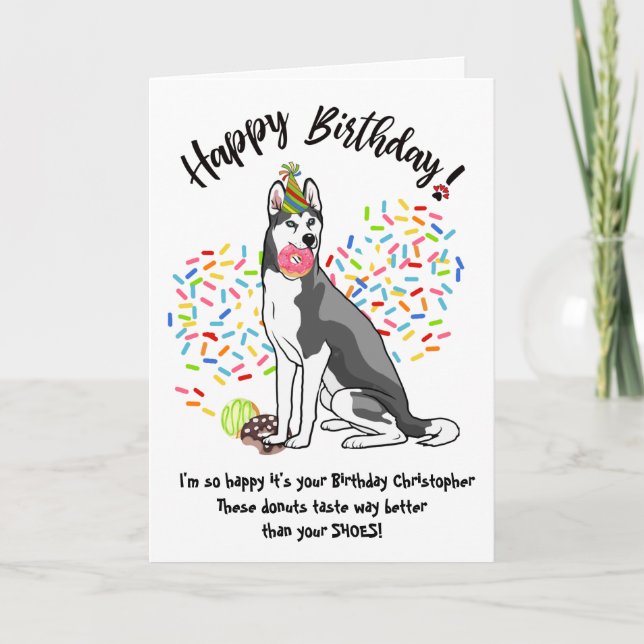 Drôle Sibérie Husky Carte d'anniversaire Donuts (Devant)