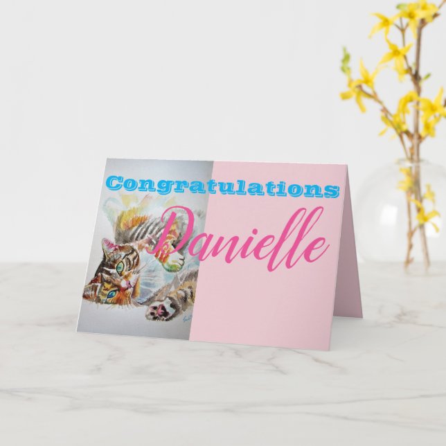 Drôle Tabby Cat Félicitations Femme Carte Nom (Fleur jaune)