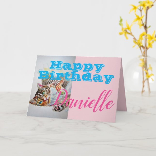 Drôle Tabby Chat Bonne Anniversaire Femme Carte No (Fleur jaune)