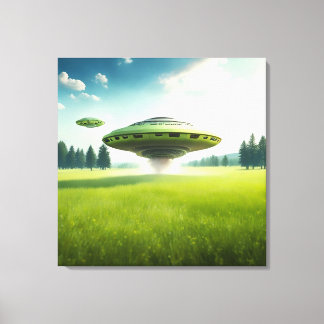 Drôle toile aliens OVNI sur une prairie verte