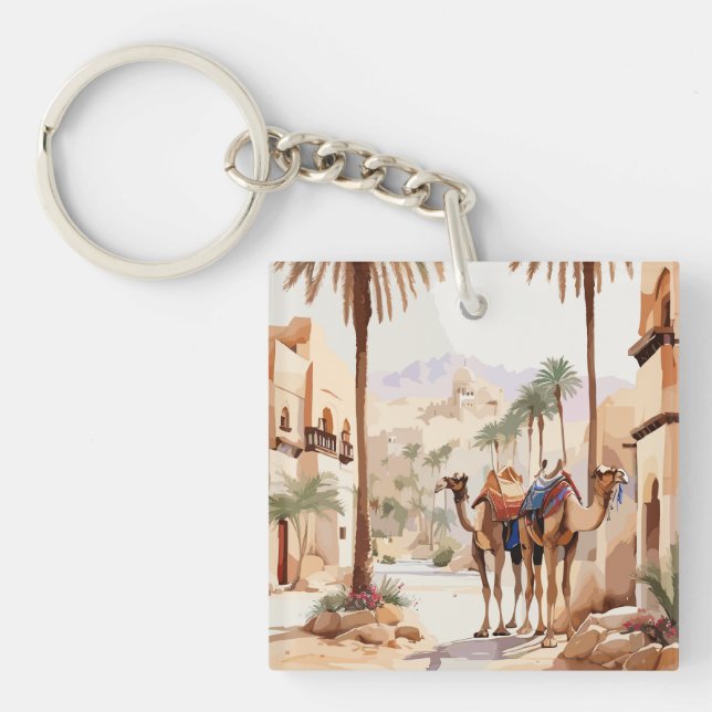 Dromedary camel and the desert village of Al Jazee Keychain (Front)