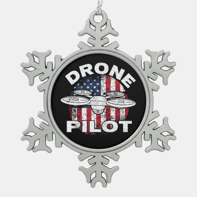Drone Pilot Multirotor Quadcopter US Flag Snowflake Pewter Christmas Ornament (Front)