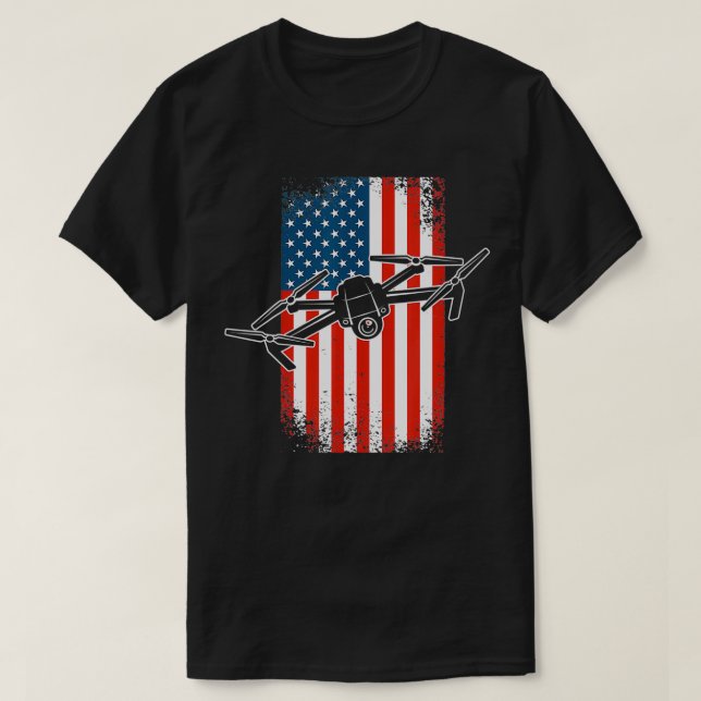 Drone Pilot Quadcopter UAV 4th of July American Fl T-Shirt (Design Front)