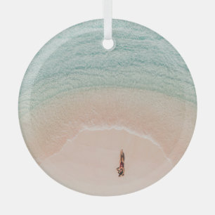 Drone View, Pink Beach Vacation. Glass Ornament