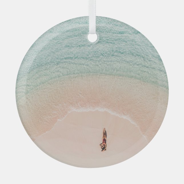 Drone View, Pink Beach Vacation. Glass Ornament (Front)