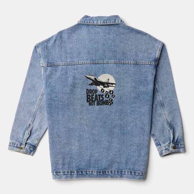 Drop Beats Not Bombs Fighter Jet Vinyl Denim Jacket (Back)