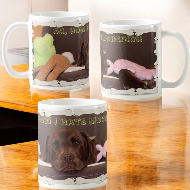 Drowsy Chocolate Labrador Retriever With Toys Coffee Mug (view around the entire design on the ceramic mug)