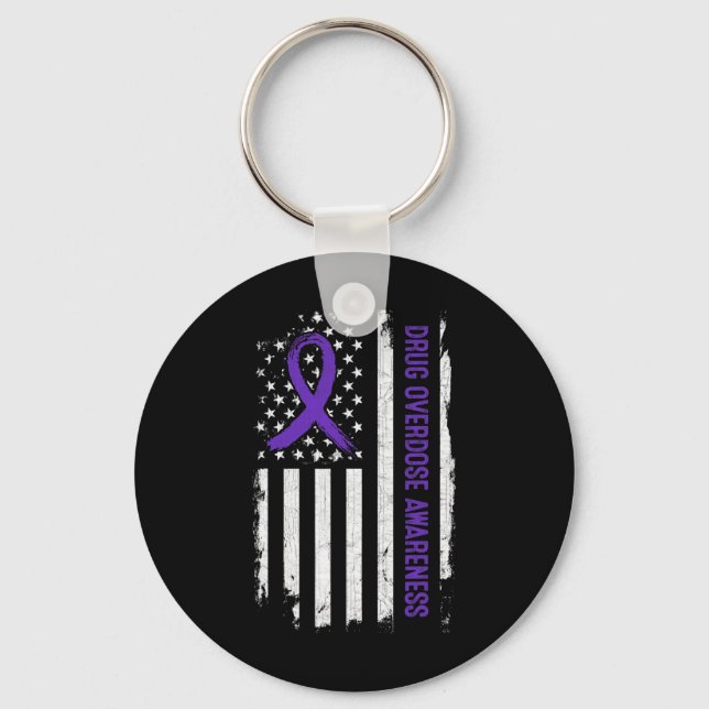 Drug Overdose Awareness American Flag - Purple Rib Keychain (Front)