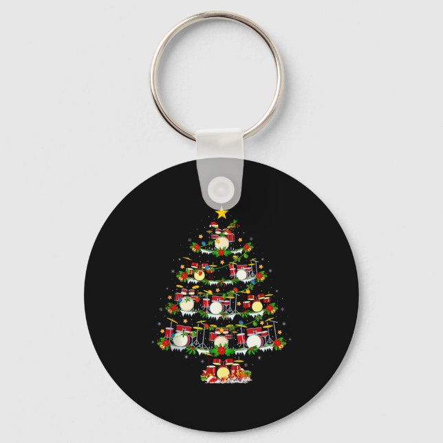 Drum Christmas Tree Lights Drum Music Lover Drumme Keychain (Front)