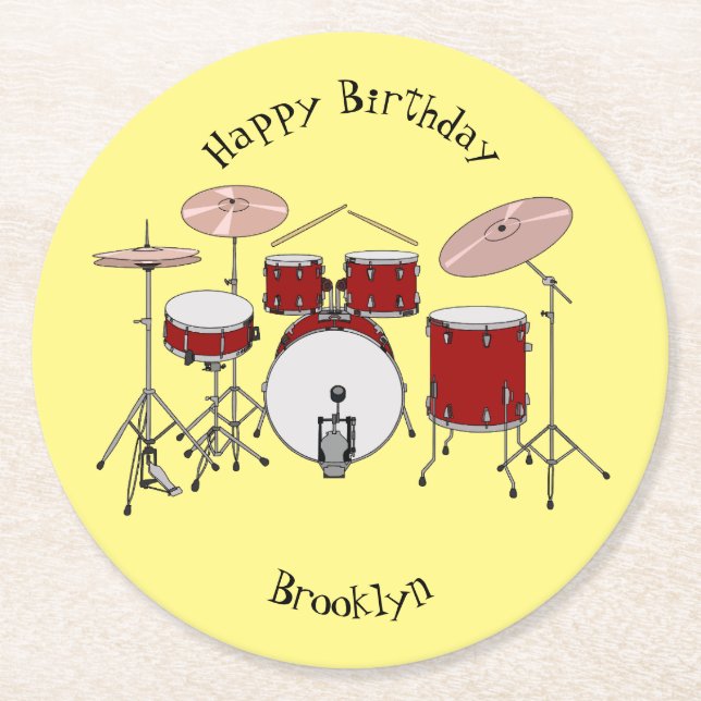 Drum kit cartoon illustration round paper coaster (Front)