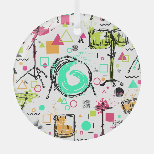 Drum Kit: Watercolor Memphis Retro. Glass Ornament (Front)