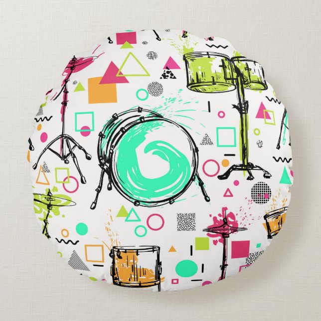 Drum Kit: Watercolor Memphis Retro. Round Pillow (Front)