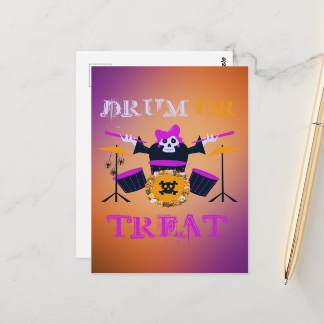 Drum or Treat Skeleton Halloween Postcard (Front/Back In Situ)