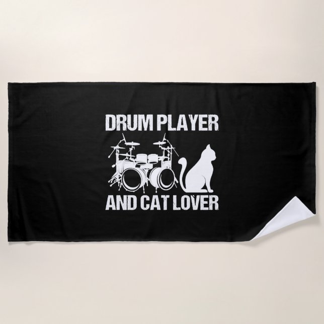 Drum Player And Cat Lover Drumming Musician Drums Beach Towel (Front)